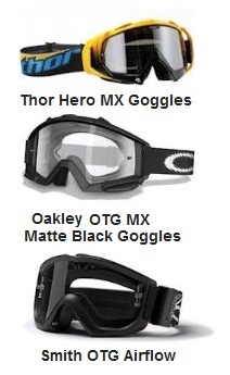 THOR Hero motocross goggles and Oakley OTG MX Matte Black and Smith Option OTG Airflow goggles  