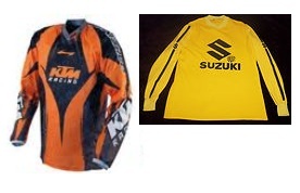 a ktm jersey and a suzuki motocross jersey