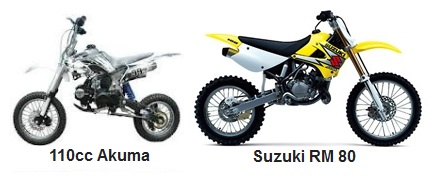 the akuma Assassin 110cc and Suzuki RM 80 dirtbikes the akuma Assassin 110cc and Suzuki RM 80 dirtbikes