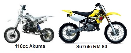 the akuma Assassin 110cc and Suzuki RM 80 dirtbikes